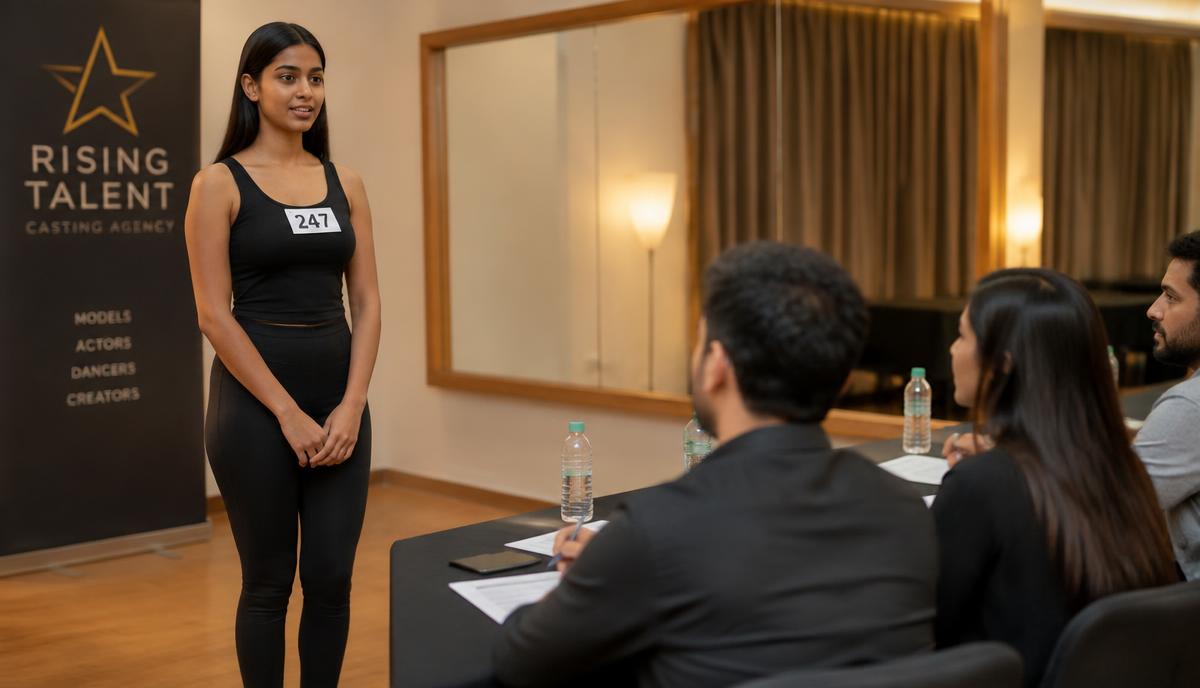 Model attending a casting audition in front of a panel of casting judges in a studio room
