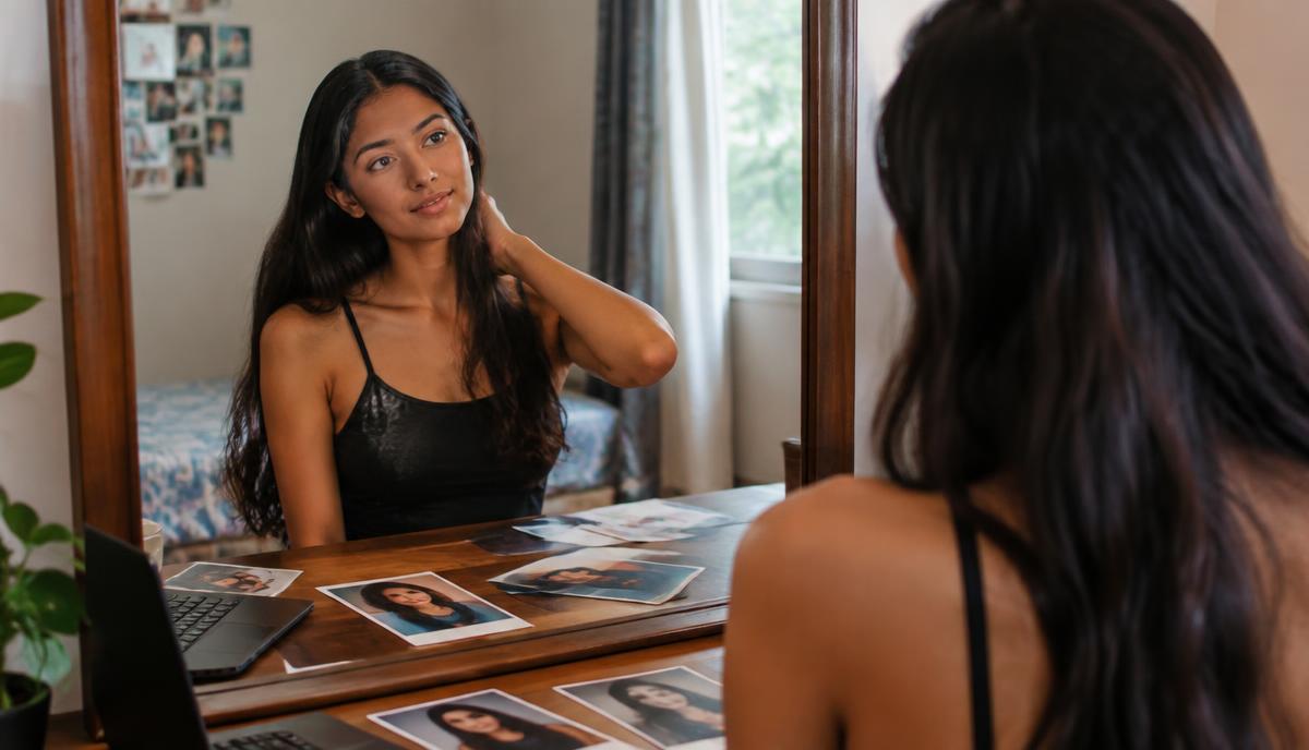 Young aspiring model practicing poses in front of a mirror while preparing photos for a professional portfolio